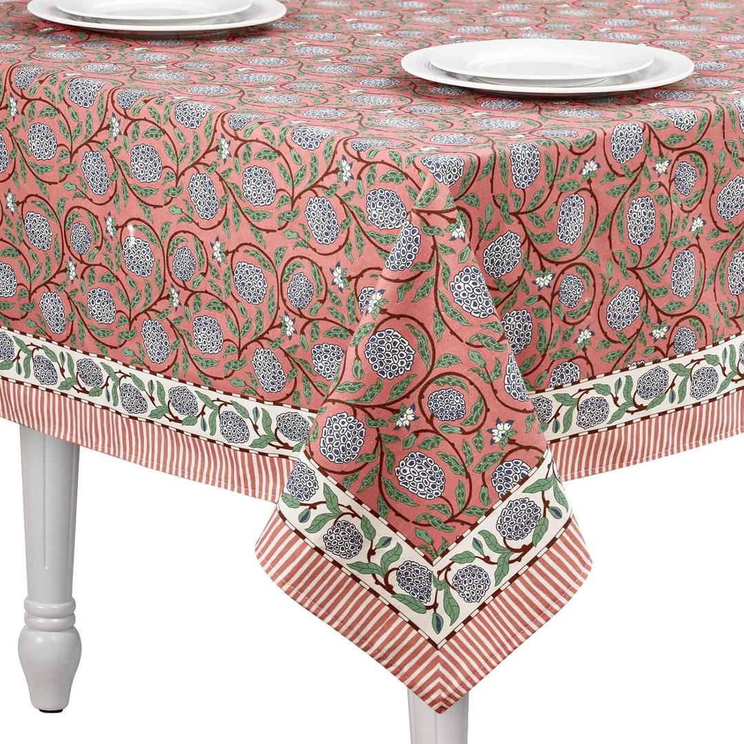 Newtay 60'' x 90'' Hand Block Print Mahjong Table Cloth Square Cotton Floral Tablecloth Washable Print Rectangle Table Cover with Dust Proof for Kitchen Dining Party(60'' X 90'',Dark Salmon,Pink)