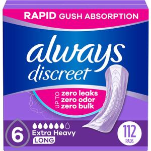 Always Discreet Adult Incontinence Pads for Women, Extra Heavy Absorbency, Long Length, Postpartum Pads, 112 Count (4 Packs of 28) (6-drop)