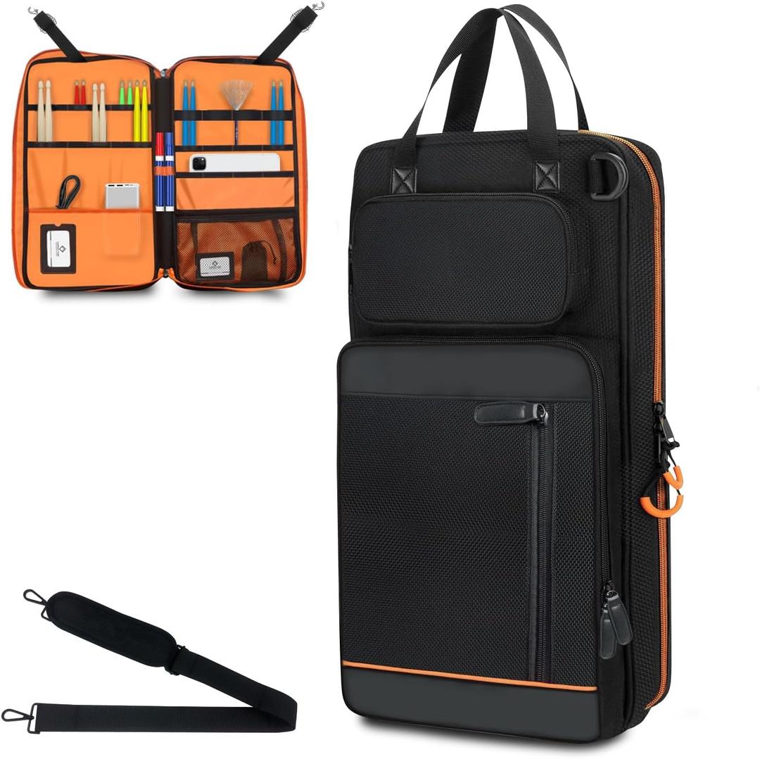 1680D Drum Stick Bag with Hanging Hook,Large Capacity Drumstick Mallet Holder with Adjustable Shoulder Strap for Drumsticks, Mallets, Brushes, Sheet Music, Percussion Accessories