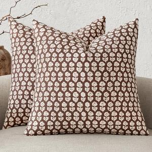 MIULEE Block Print Pillow Covers 18x18 Inch Set of 2, Vintage Floral Throw Pillow Cases Neutral Linen Farmhouse Cushion Covers for Couch Sofa Bed Chair Living Room, Brown