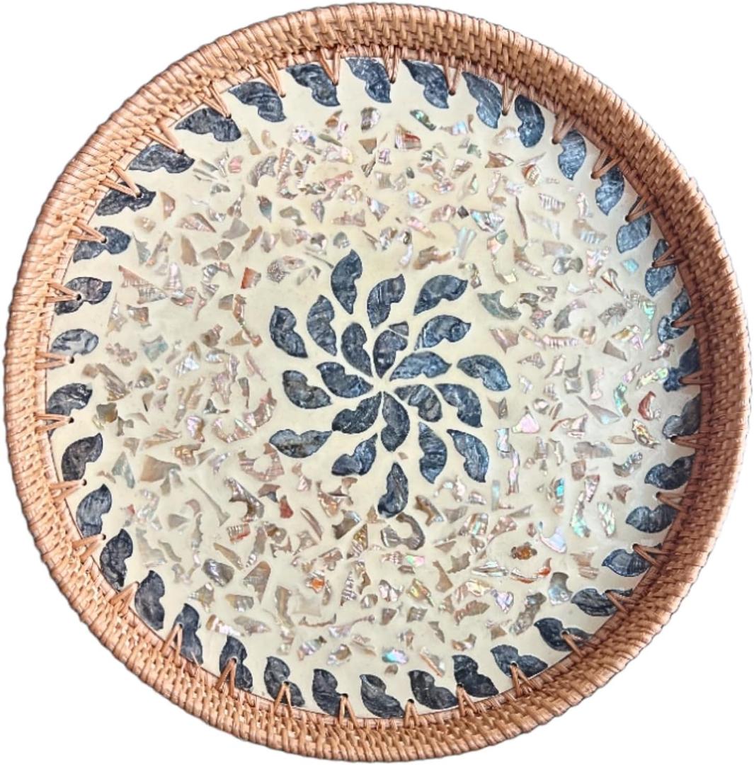 Terrekraft 14" Large Rattan Serving Tray with Mother of Pearl, Round Coffee Table Tray Decor, Boho Decorative Hand-Woven Wicker Home Decor (Lucky Flower)