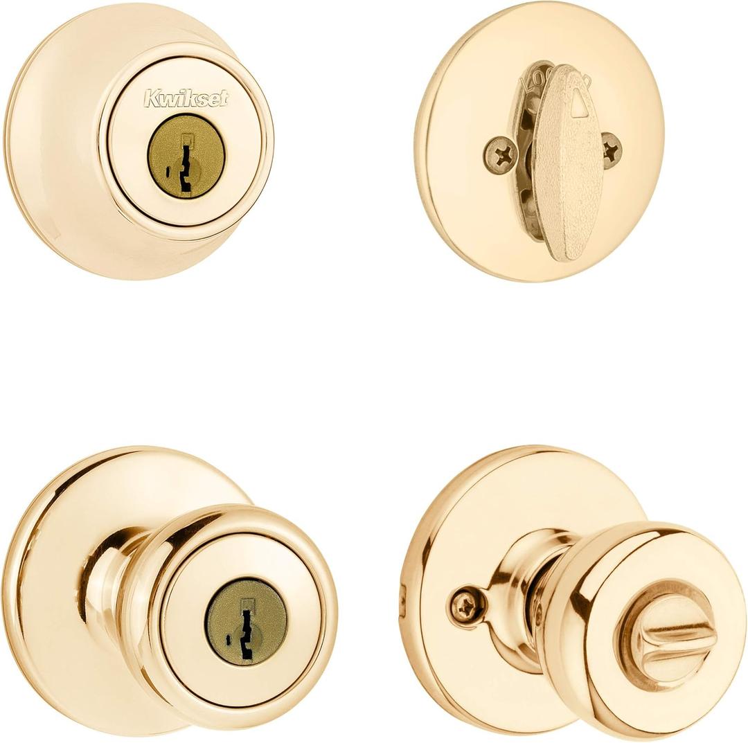 Kwikset 690 Tylo Entry Knob and Single Cylinder Deadbolt Combo Pack featuring SmartKey in Polished Brass, Key Lock Kwikset 690 Tylo Entry Knob and Single Cylinder Deadbolt Combo Pack featuring SmartKey in Polished Brass, Key Lock