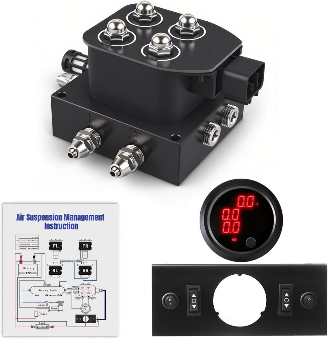 12V Air Management Featuring 4-Valve Air Ride Suspension Manifold, Simplify Control Panel and Ship Type Switch and Three-Way Red Display Air Pressure Gauges