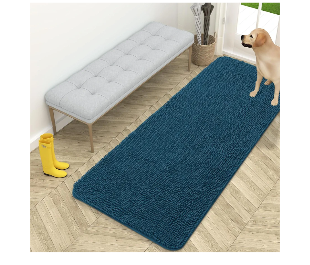 OLANLY Dog Door Mat for Muddy Paws 59x24, Absorbs Moisture and Dirt, Absorbent Non-Slip Washable Doormat, Quick Dry Chenille Mud Mat, Entry Indoor Entryway Carpet for Inside Floor, Atlantic Blue