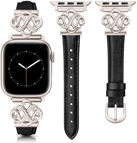 Wearlizer Slim Leather Band Compatible with Apple Watch Bands Women, Fancy Dressy Designer Thin Strap with Celtic Knot for iWatch Black/Starlight, 49/46/45/44/42mm(Series 3 2 1)