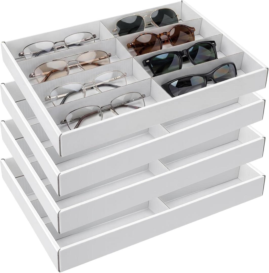 4 Pack Sunglass Organizer Trays 8 Slot White Eyeglasses Storage Boxes Multifunctional Display Cases Stackable Sunglass Display Drawer Storage for Women Men Watches Jewelry Home Retail Shop