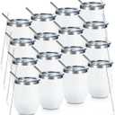 COMOOO 12oz Wine Tumbler with Lid and Straw, Stainless Steel Stemlss Wine Glass, Double Wall Vacuum Insulated Wine Tumbler Cup for Wine, Cocktails, Champaign, White, 16 Pack