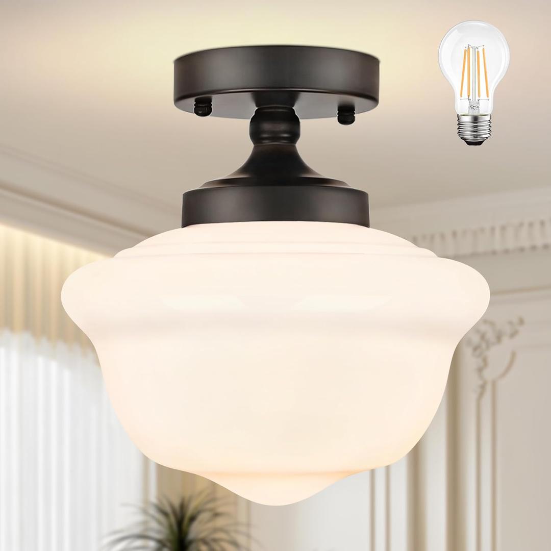 Bagood 10" Black Schoolhouse Light Fixtures Schoolhouse Light Fixtures Ceiling Mid Century Lights Fixture Milk Glass Lights Fixture Semi Flush Mount Ceiling Fixture for Bathroom Kitchen (Bulb Incl)