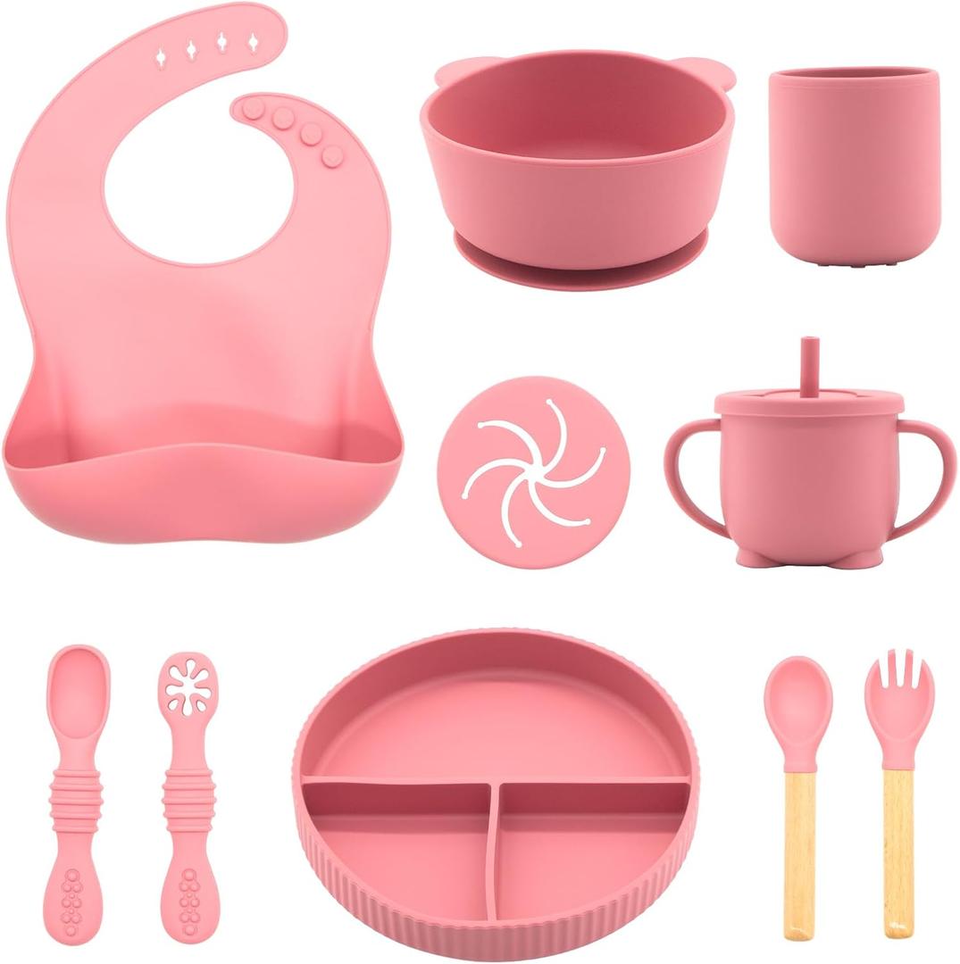 Silicone Baby Feeding Set 10 Pcs, Baby Led Weaning Supplies, Baby Feeding Supplies Set BPA Free, Baby Essentials for Newborn Gift Pink