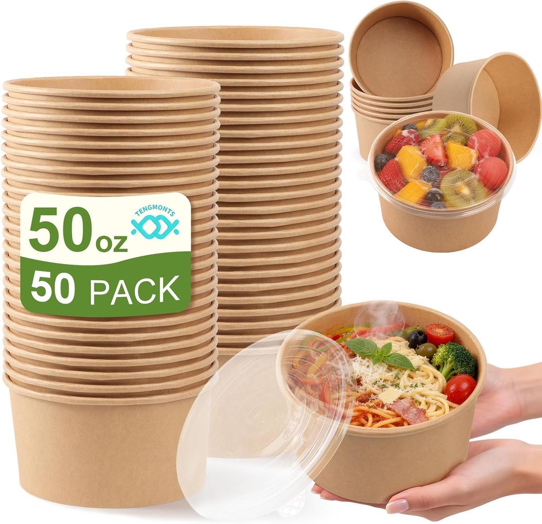 50 Pack 50 oz Disposable Kraft Paper Bowls with Lids, Leakproof Soup Bowls, Heavy Duty Compostable Paper Bowls, Suitable For Serving Hot/Cold Food, Party, Picnic, Takeout & Meal Prep