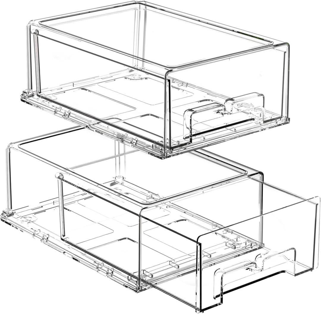 BOICHU 2 Pack Stackable Storage Drawers - Clear Refrigerator Drawers for Refrigerator Organizers and Storage, Acrylic Fridge Drawer Organizer with Handles for Bathroom, Undersink, Cabinet, Pantry, etc