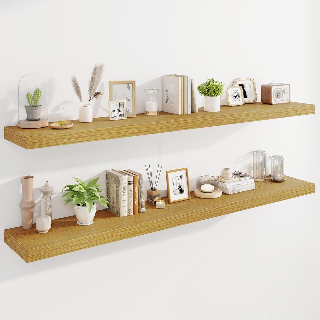 Marsmiles 72" Floating Shelves for Wall, Wooden Shelves with Invisible Brackets Set of 2, Rustic Farmhouse Wall Mounted Shelf for Kitchen Bathroom Living Room Study, Natural Oak