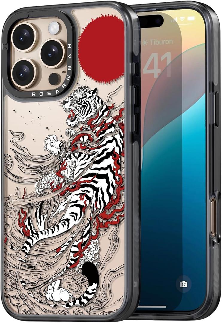 Compatible for iPhone 16 Pro case Cute - Durable Shockproof 6.6 ft Drop Impact Phone Case - Black Funny White Tiger Design for iPhone 16 Pro 6.3"