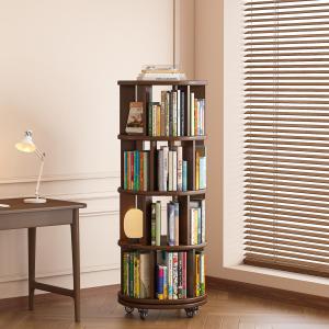 Saifu 4 Tier Wood Rotating Bookshelf on Wheels,Round Revolving Bookcase,360 Spinning Book Shelf Tower,Rolling Bookshelves for Small Space, Corner, Bedroom, Kids Room,Office, Walnut