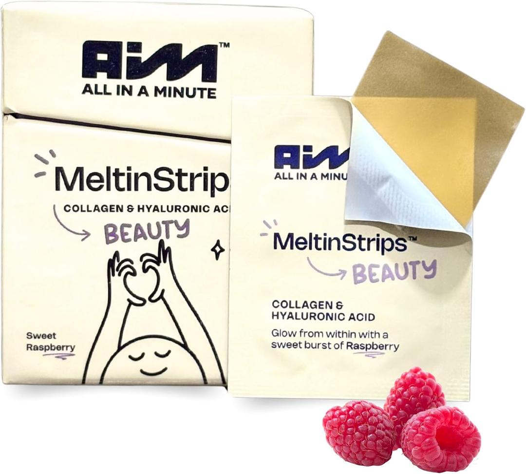 MeltinStrips Beauty Strips Vegan Collagen, Hyaluronic Acid & Resveratrol | Edible Skincare for Plump, Hydrated & Youthful Glow | Zero Sugar High-Absorption - Raspberry, 1 Month Supply