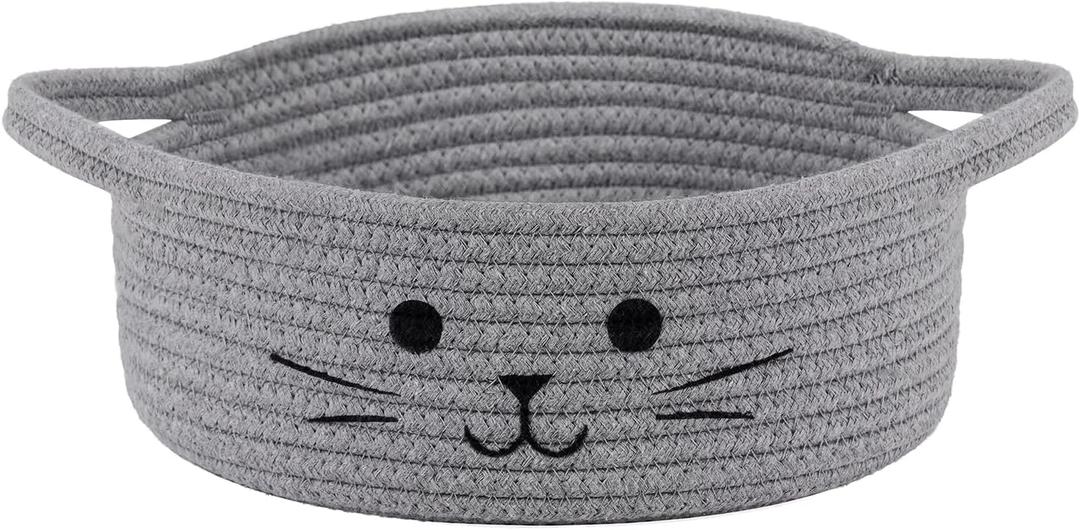 Small Woven Rope Storage Basket, Cute Cat Toy Basket for Living Room, Baby Baskets for Nursery, Gift Baskets Empty for Baby Shower, Grey, 9.8 x 4 inches (Gray)