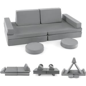 Costzon Kids Play Couch Sofa, Large Modular Folding Sofa Building Fort Playset with Handle, Machine-Washable Cover, Convertible Foam Cushion for Playroom Bedroom Boys Girls Gifts (10-Piece, Gray)