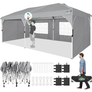 COBIZI 10x20 Pop Up Canopy: Canopy Tent with Patented Center-Lock Tech | Quick-Setup,UV-Reflective & Detachable Walls | 210D Waterproof | 3 Height Adjustments for Parties,Weddings,Outdoor Events(Gray)