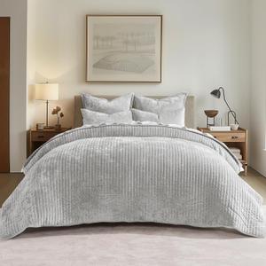 Stripe Channel Luxury Velvet Quilt Set Queen Size, Frost Gray
Ultra Soft Velvet Bedding Set, Lightweight Comforter, Oversized Bedspread Coverlet for All Season, with 2 Matching Shams