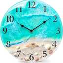 Coastal Nautical Glass Wall Clock with Seashell Design and Aesthetic Beach Theme - Battery Operated Silent Wall Decor for Home, Kitchen, Living Room, Office, Bedroom, or Bathroom (14 Inch,Teal)