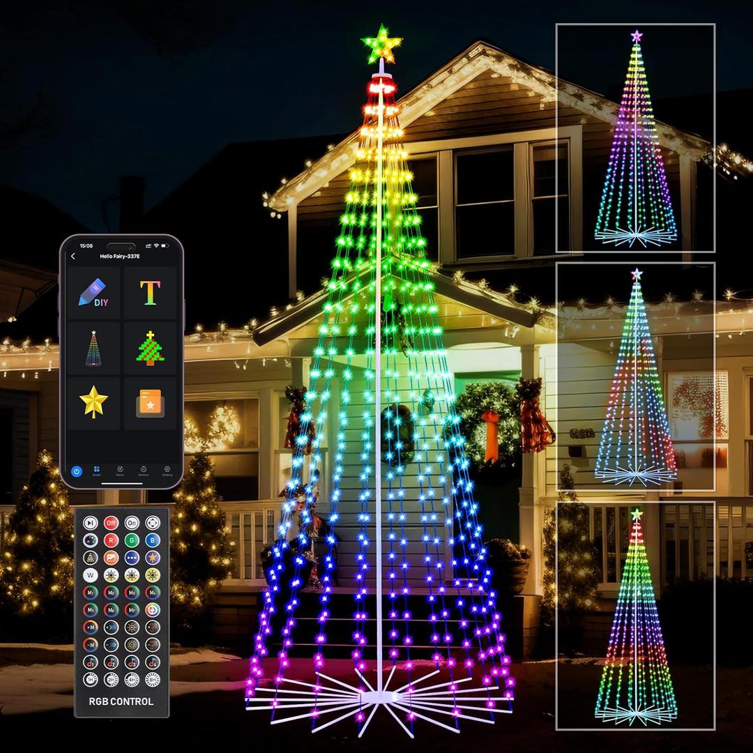 10FT Smart Christmas Tree Lights with App & Remote Control, 514 RGB Color Changing LED Cone Tree Lights, Music Sync, Custom Light Show, IP44 Waterproof Outdoor Decoration for Xmas, New Year, Parties