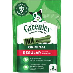 Greenies Regular Dental Dog Treats, Original Chicken Flavor, 3 Count | Vet-recommended, cleaner teeth after 28 days, cleans to gumline, for dogs 25-50 lbs, original chicken flavor (EXP 09/27/29)