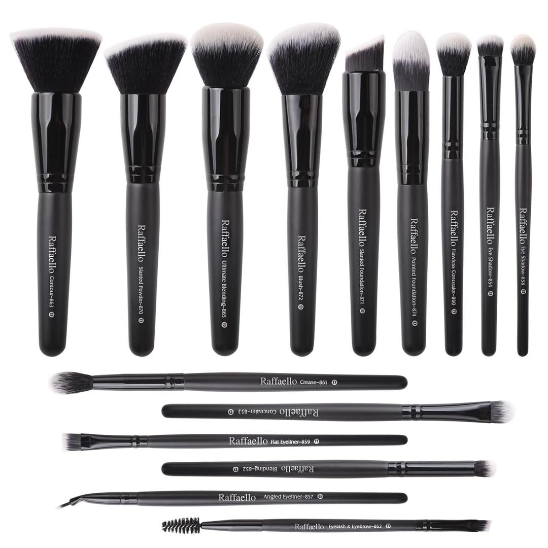 Raffaello Makeup Brushes 15Pcs Makeup Brush Set Premium Synthetic Powder Foundation Contour Blush Concealer Eye Shadow Blending Liner Make Up Brush Kit (Black)