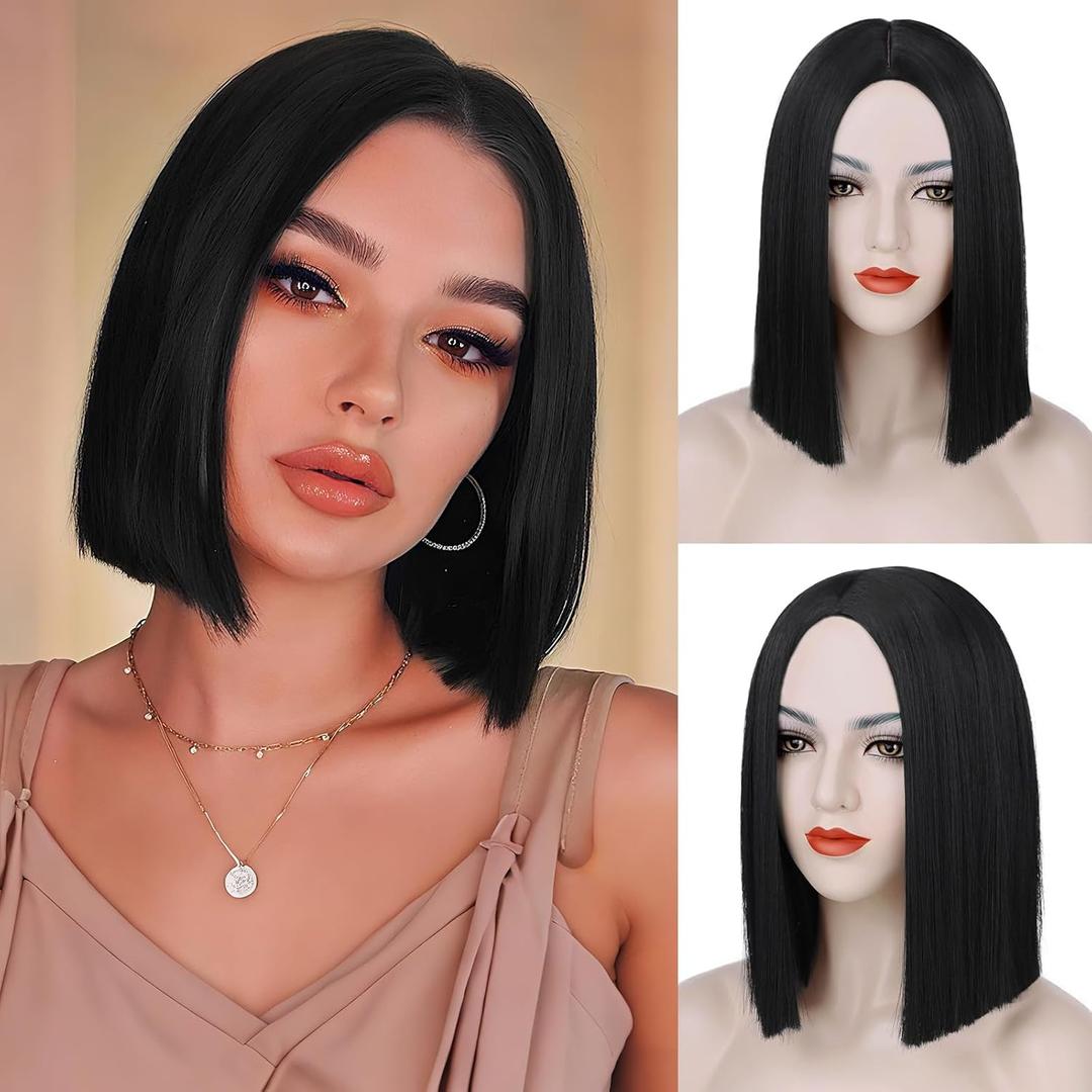 Black Bob Wigs for Women Short Straight Bob Without Bangs Middle Part Shoulder Length Heat Synthetic Wigs for Daily Party Cosplay Halloween Use(12 inches)