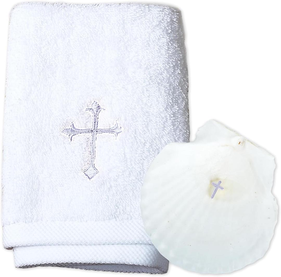 Baptism Towel with Baptism Shell Set - Baptism Towel for Boys and Girls, White Christening Cloth with Embroidery Cross, 100% Cotton Baptismal Cloth Baptismal Gifts for Infants Toddlers Kids (SILVER)
