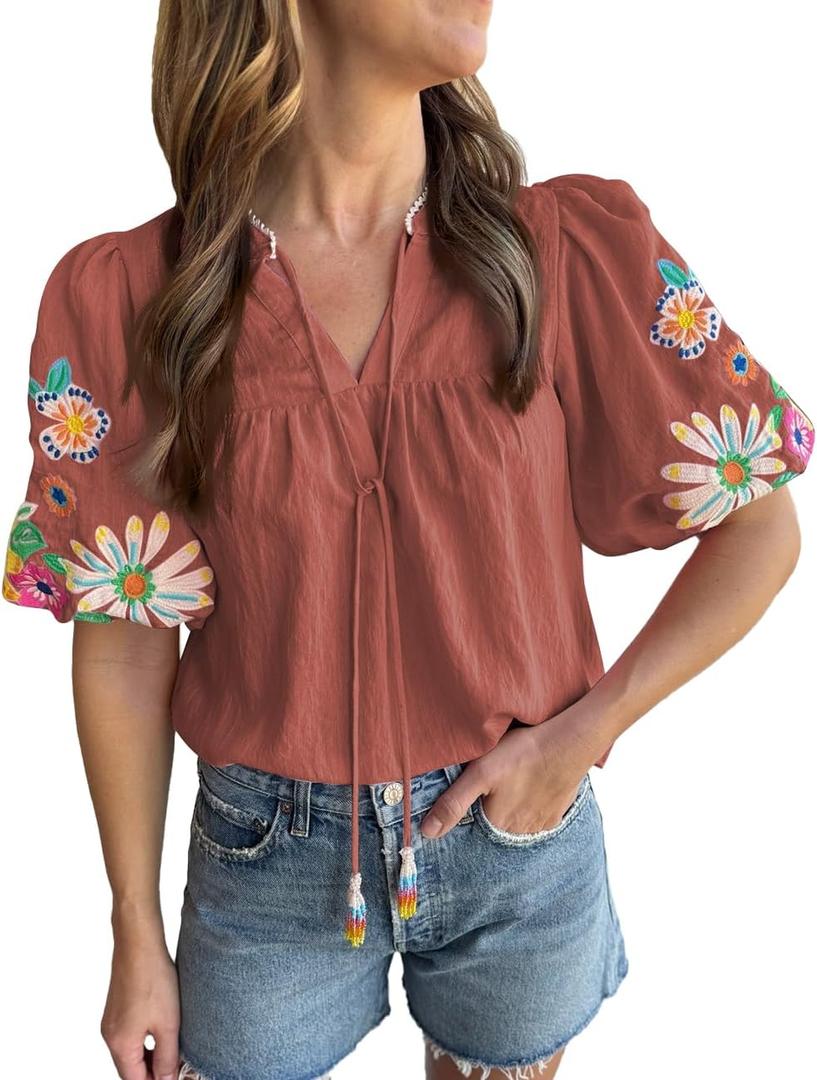 Women's Casual Floral Embroidered V Neck Boho Puff Short Sleeve Shirts Loose Tunic Summer Blouses Tops Fashion Clothes 2025 (Large)