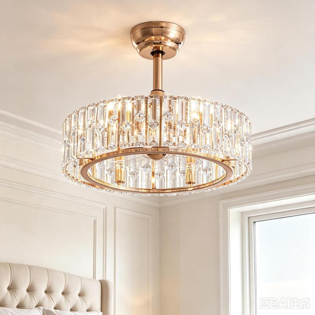 20'' Modern Caged Crystal Ceiling Fans with Lights Remote, Rose Gold, 19.7 Inch