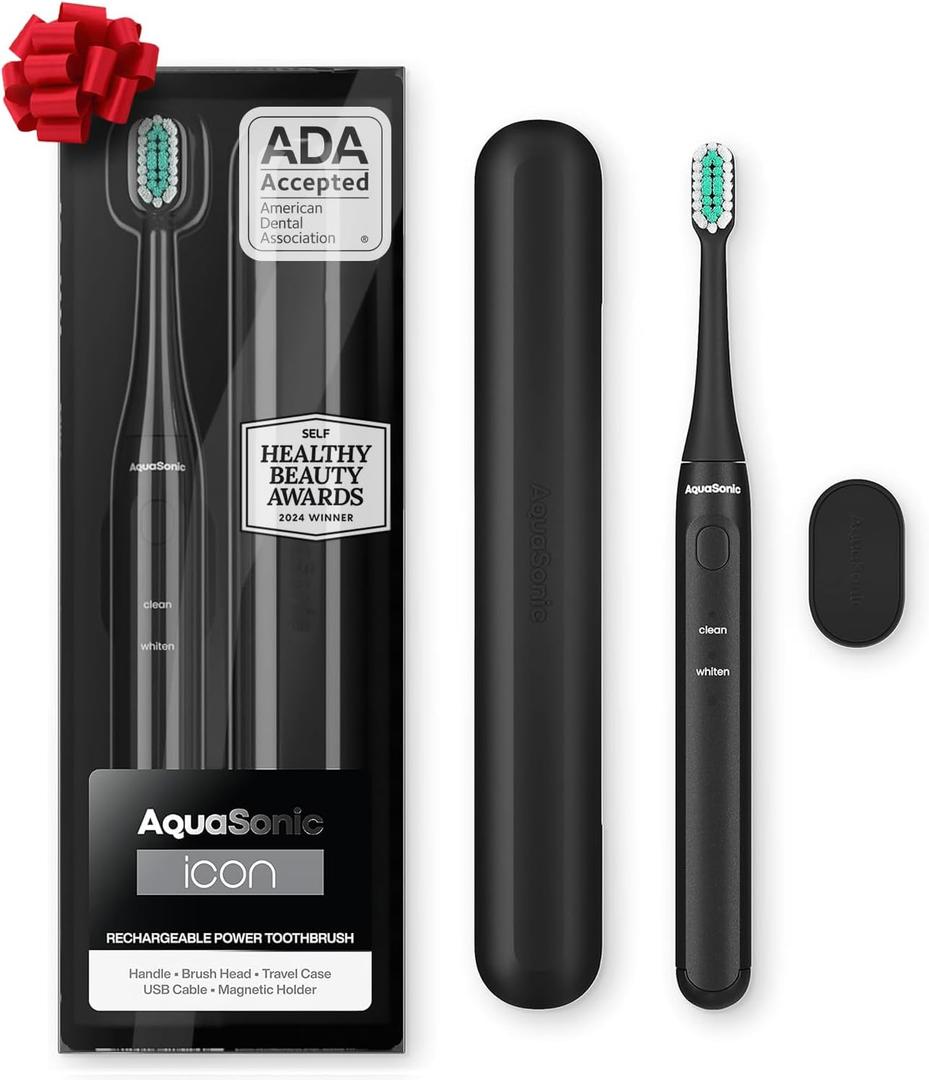 Aquasonic Icon ADA-Accepted Rechargeable Toothbrush | Magnetic Holder & Slim Travel Case | 2 Brushing Modes & Smart Timers | Gentle Micro-Vibrations(Onyx) (1 Count (Pack of 1))
