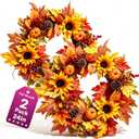 2 Pcs 24 Inch Sunflower Fall Wreath for Front Door-Artificial Autumn Wreath