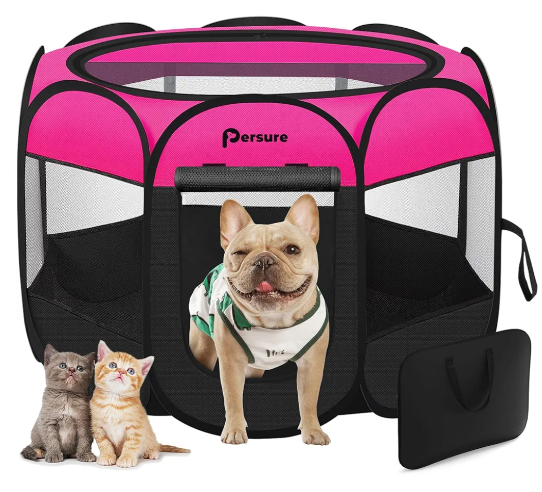 Dog Cat Playpen Indoor Outdoor for Puppy Pet Dogs Cat Travel, Dog Enclosure Tent Crates Cage for Recovery After Surgery, Portable Pop Up Dogs Kennel with Carrying Case (Rosy, Large)