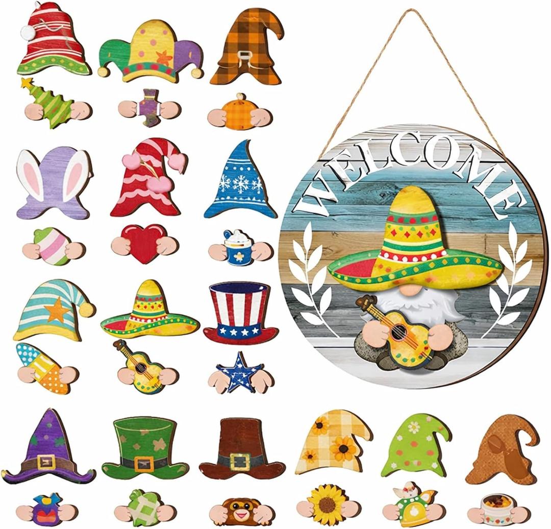 Qunclay Interchangeable Wooden Gnome Decor Holiday Seasonal Gnome Decorations with Magnet Pieces and Detachable Hats Changeable Welcome Sign for Home(Antique Style)