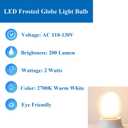 Beonllay 25 Watt Light Bulbs Equivalent E26 Frosted Globe Light Bulb, 2W LED Light Bulb 2700K Warm White G16.5 Light Bulb, Frosted Glass, 6 Pack