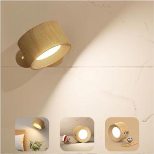 Battery Operated Wall Light, LED Wall Sconce with 3 Color Modes 3 Brightness Levels 360Rotation Lighting Touch Control, Wall Mounted Lamp Cordless Wall Lamp for Bedroom Reading Bedside-1Pack (1Pcs, Wood)