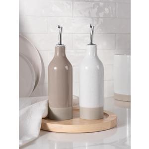 famiware Milkyway 16oz Ceramic Olive Oil Dispenser Bottle, Olive Oil and Vinegar Dispenser Bottle Set of 2 with Stainless Steel Pourers, Suitable for Storage Vinegar, Liquids, White and Cinnamon Brown