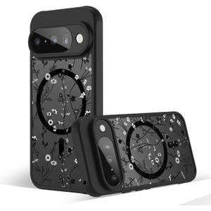 Magnetic Case for Google Pixel 10/10 Pro [Compatible with MagSafe] Cute Black Flower Floral Pattern Case for Women Girls Soft TPU Bumper Hard PC Back Anti-Fall Shockproof Protective Slim Cover (Flower Branch 3)