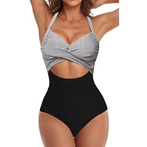 Eomenie Women's One Piece Swimsuits Tummy Control Cutout High Waisted Bathing Suit Wrap Tie Back 1 Piece Swimsuit Black Striped medium