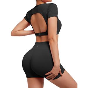 SUUKSESS Open Back Short Sleeve Scrunch Butt Booty Shorts Seamless Ribbed Workout Sets 2 Piece Outfits (Medium, #1 Black)