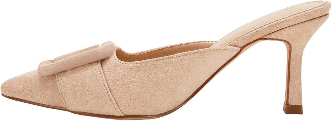 VETASTE Women's Heeled Mules Pointed Toe Suede Buckle Slip On Sandals Kitten Heels Party Wedding Shoes, 10, Beige