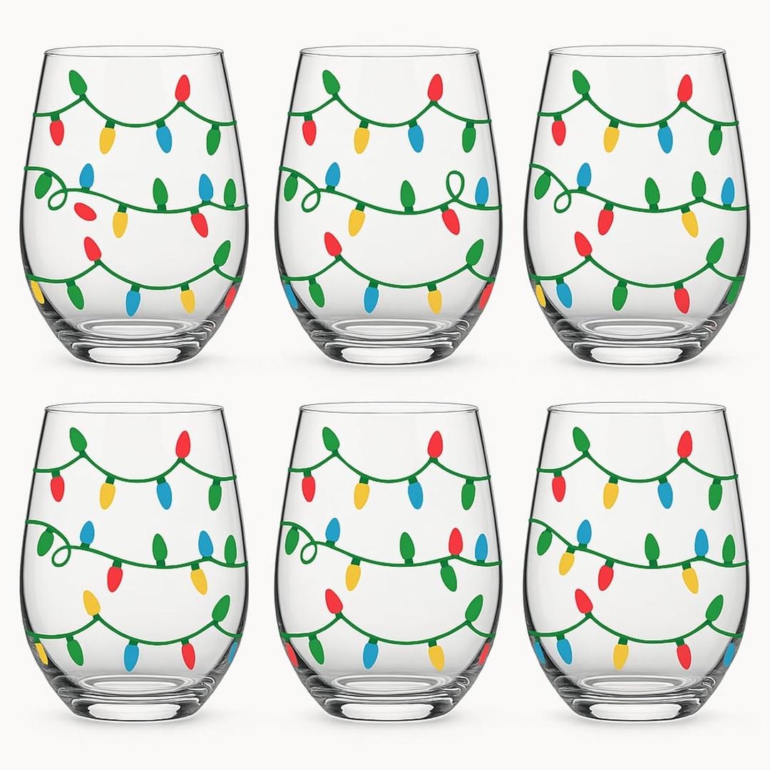 Maxcheck 6 Pack 18 oz Christmas Lights Glasses Set Christmas Stemless Glasses Fall Party Drinking Cups Clear Drinking Tumbler for Homes and Bars for Party Gift