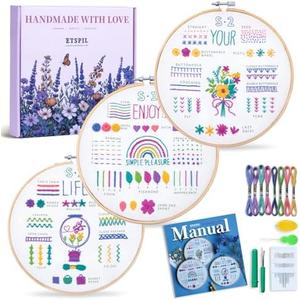 ETSPIL 3 Pack Embroidery Kit for Beginners and Adults,Learn 33 Stitches with DIY Stamped Flower Patterns – Includes Hoop, Color Threads, Tools, and Step-by-Step Instructions with Video Tutorials