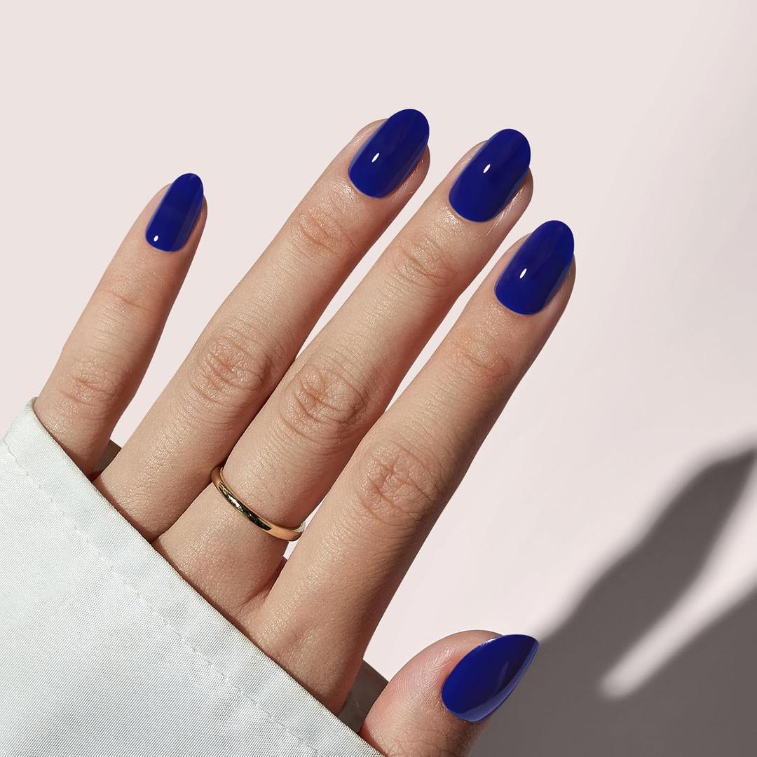 BTArtbox Press On Nails Short - Navy Blue Press On Nails, Short Oval Fake Nails with Nail Glue, Natural Soft Gel Nail Kit, Natural Reusable Glue On Nails in 16 Sizes, Mystic
