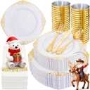 Nervure 350PCS Gold Plastic Dinnerware - White and Gold Disposable Plates for 50 Guests - 100 White Disposable Plates, 150 Plastic Silverware, 50 Cups, 50 Napkins for Wedding & Party & Thanksgiving