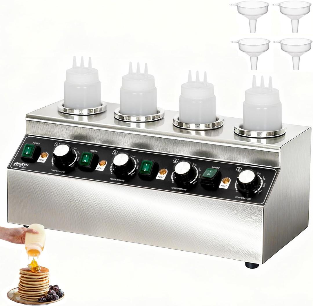 JOHAKYU Commercial Electric Sauce Warmer Dispenser Stainless Steel Countertop Hot Fudge/Nacho Cheese Warmer with 4650ml Squeeze Bottles and 4 Funnels (4 Grids)