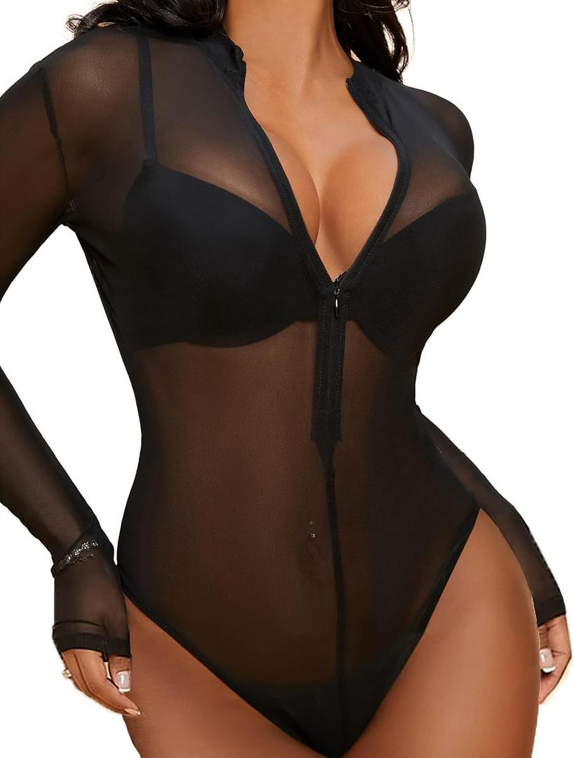 Avidlove Womens Mesh Bodysuit Long Sleeve Snap Crotch Bodysuit See Through Zipper Sheer Leotards Sexy Bodysuit Tops (Black) XL