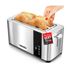 Mueller UltraToast Full Stainless Steel Toaster 4 Slice, Long Extra-Wide Slots for Bagels and Waffles, 6 Browning Levels, LED Display, Cancel/Defrost/Reheat Functions & Removable Tray, Kitchen Gadgets