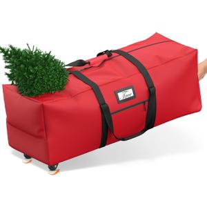 Mrrihand Christmas Tree Storage Bag, Large Artificial Anti-Tear Heavy-Duty 600D Oxford Cloth Xmax Christmas Tree Storage Box with Rolling Wheels, Christmas Tree Storage Container (Army Green&Red, 9Ft)